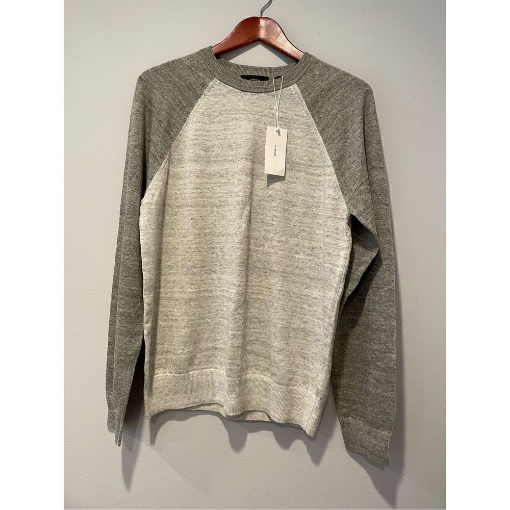 VINCE Men’s Long Sleeve Baseball Crew Neck White/Heather Gray Sweater Sz M, NWT
